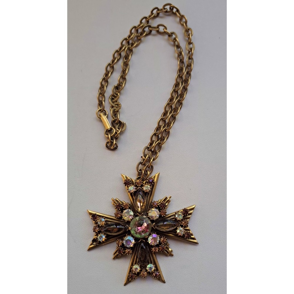 Florenza Maltese Cross Necklace 18"  Watermelon Rhinestone - Picture 3 of 10